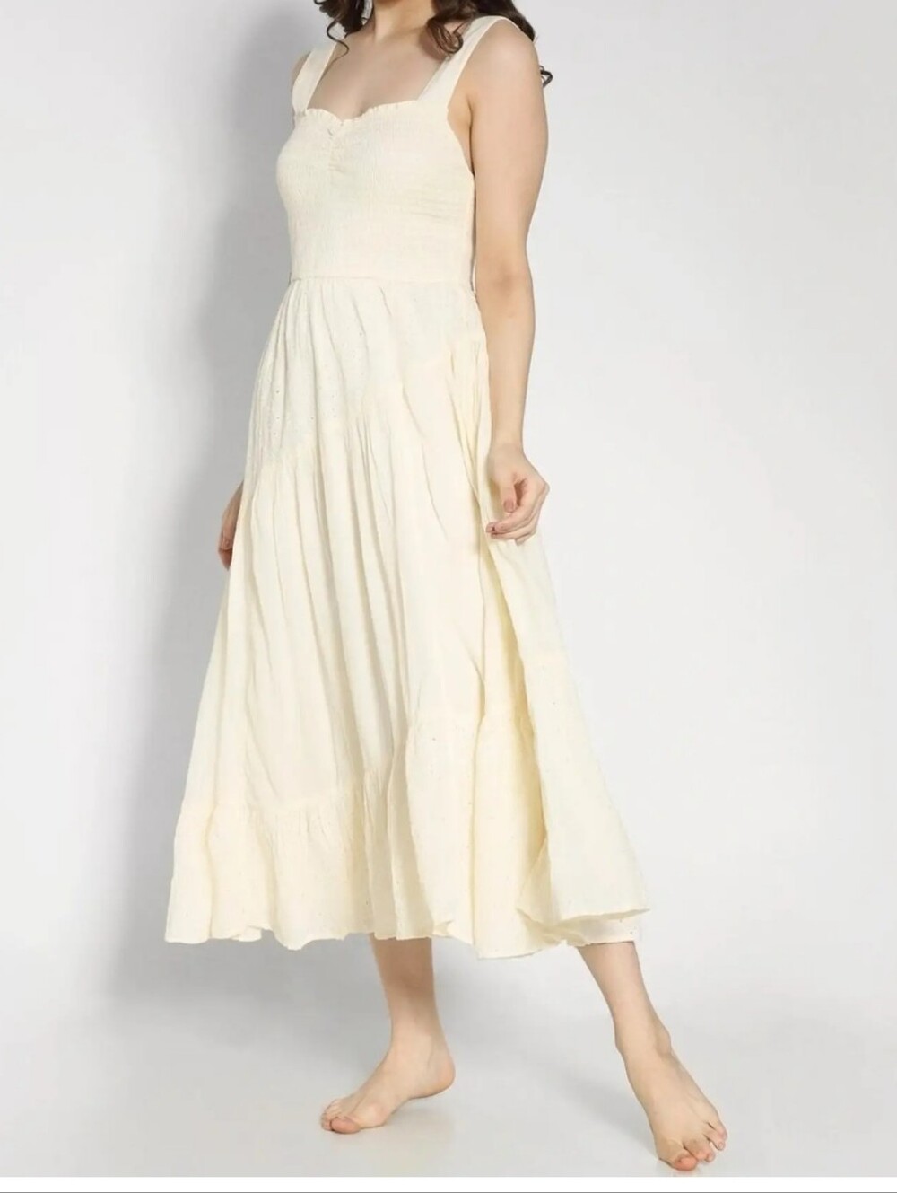 American Eagle Eyelet Maxi Dress S Beige Ivory Cream Smocked Cotton Cottagecore